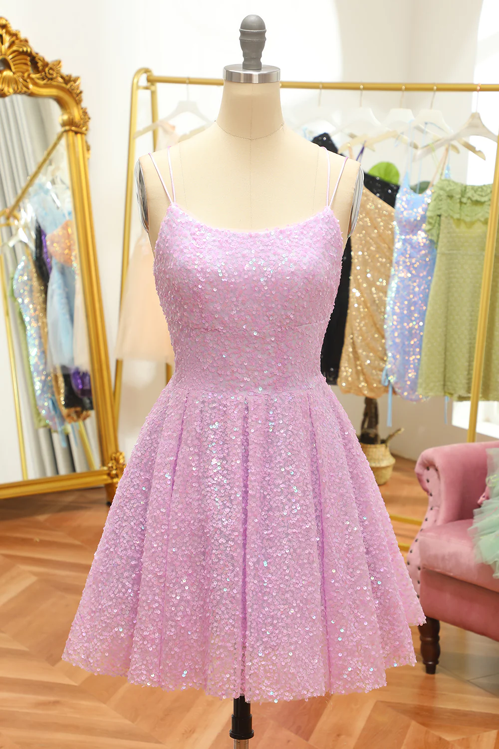 Vestido de fiesta con lentejuelas lilas, corte A y cordones, Y2994