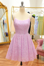 Vestido de fiesta con lentejuelas lilas, corte A y cordones, Y2994