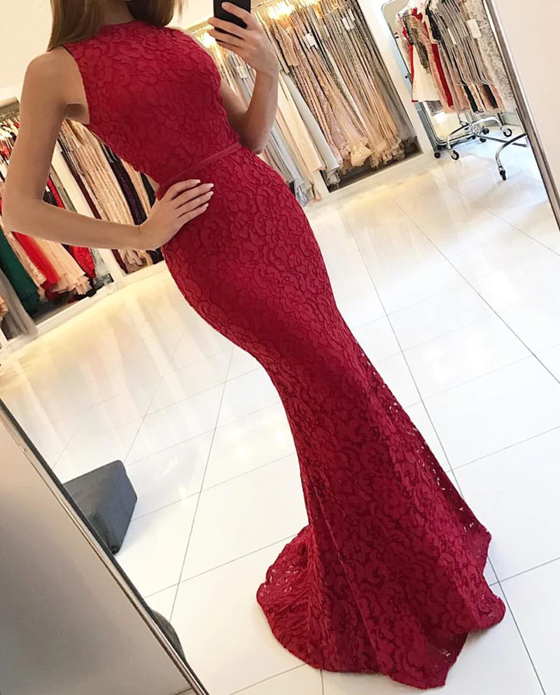 Elegante vestido de noche de sirena con encaje burdeos Y771