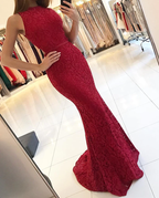 Elegante vestido de noche de sirena con encaje burdeos Y771