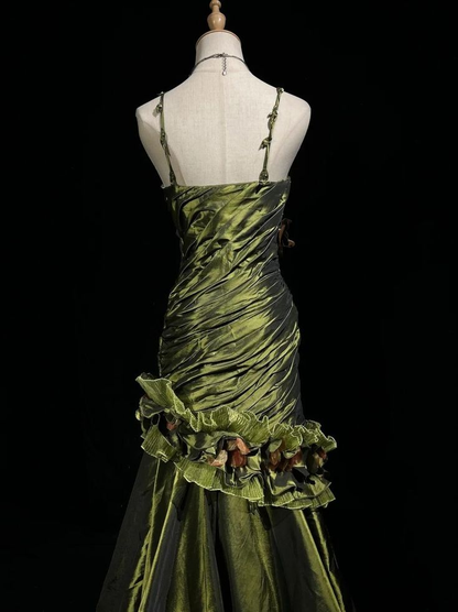 Vintage Dark Green Irregular Neckline Satin Beaded Evening Dress Ruched Mermaid Prom Dress Y8560