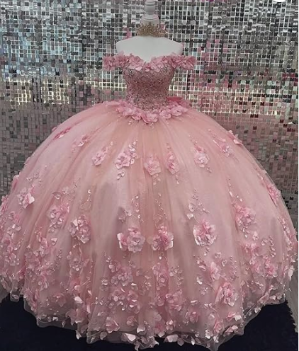 Rosa Off Schulter Ballkleid Quinceanera Kleider 3D Applikationen Korsett Kleid Y6791
