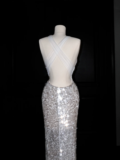 Sexy V-Ausschnitt Silber Pailletten Rückenfreies Meerjungfrau Ballkleid Abendkleid Y8680