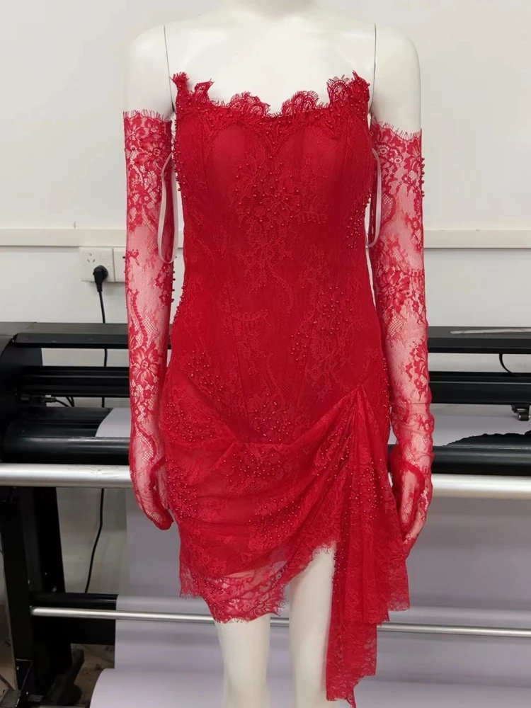 Vestido mini de encaje rojo para fiesta de bienvenida, vestido rojo de fiesta Y7387