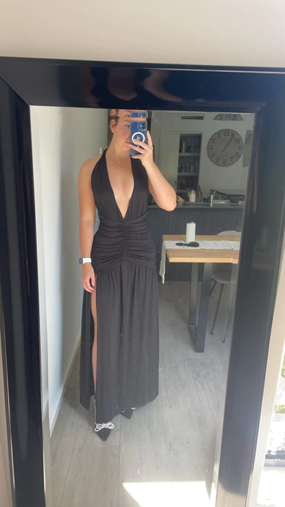 Vestido de fiesta marrón sexy con escote halter, espalda descubierta, corte A y abertura en V profundo, Y8481