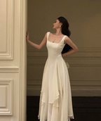 Vestido de noche largo asimétrico blanco con escote cuadrado Y2786