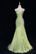 Vestido de noche vintage de sirena verde de satén con cuentas y lentejuelas, vestido de fiesta largo con tirantes finos Y8556