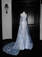 Vestido de fiesta elegante de sirena con cuentas de tul azul, vestido de noche formal, vestido de novia Y8655