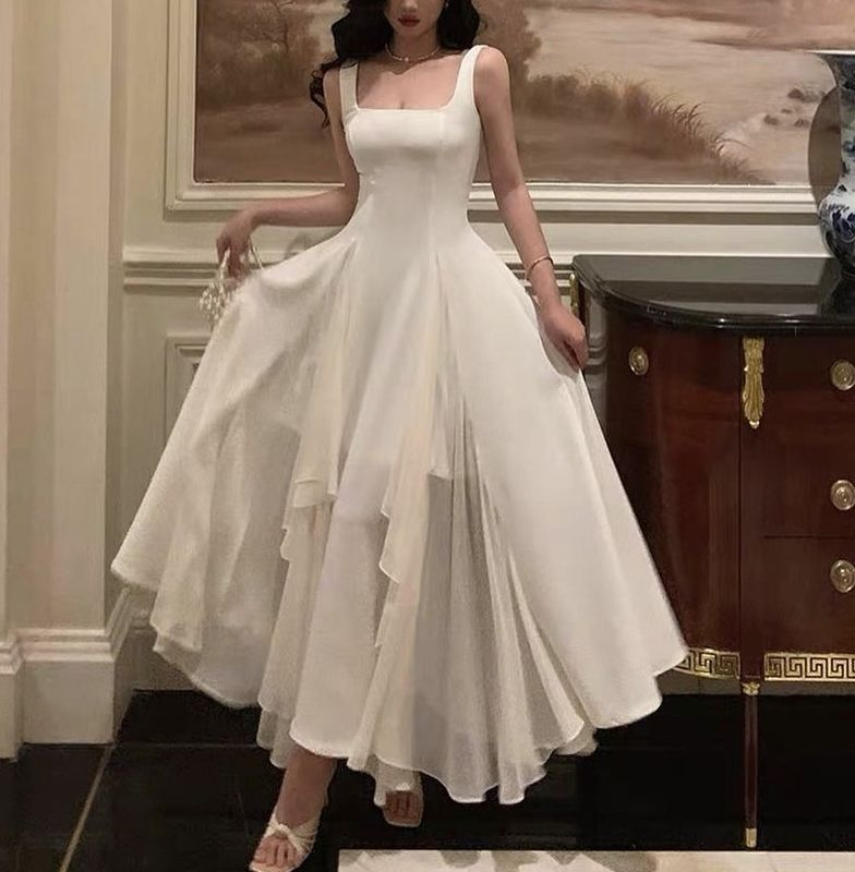 Weißes asymmetrisches A-Linien-Abendkleid mit quadratischem Ausschnitt, langes Y2786