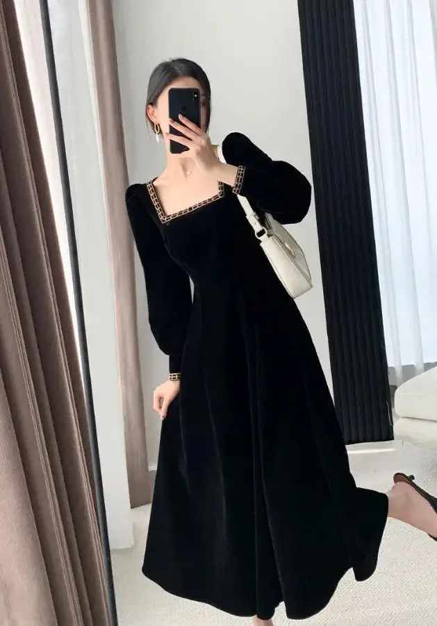 Samtkleid Damen Langarm Square Neck Elegant Bodycon Patchwork Mode Abendkleid Y6744