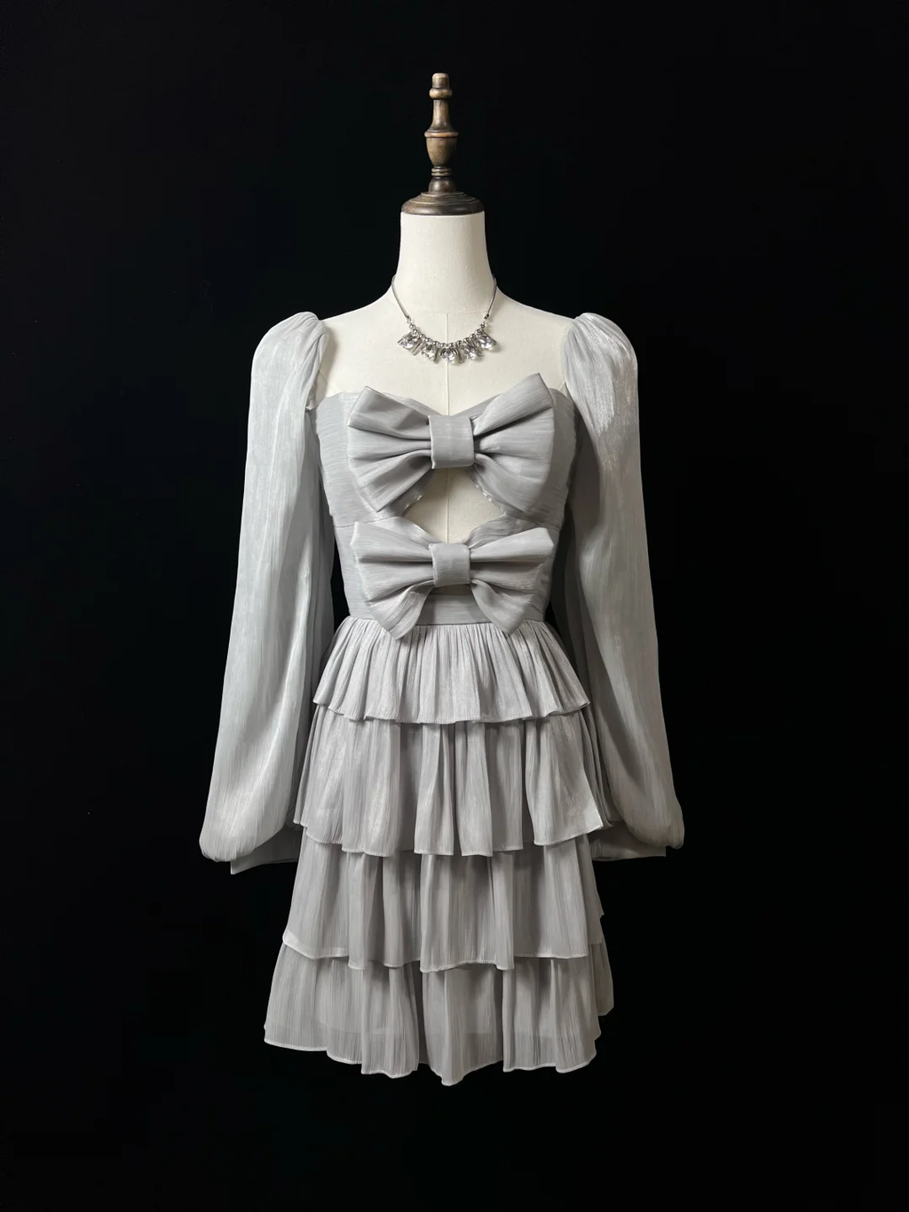Vestido de fiesta corto en capas con lazo de tul gris plateado, corte A, vestido de regreso a casa Y8651