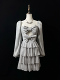 Vestido de fiesta corto en capas con lazo de tul gris plateado, corte A, vestido de regreso a casa Y8651