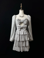 Vestido de fiesta corto en capas con lazo de tul gris plateado, corte A, vestido de regreso a casa Y8651