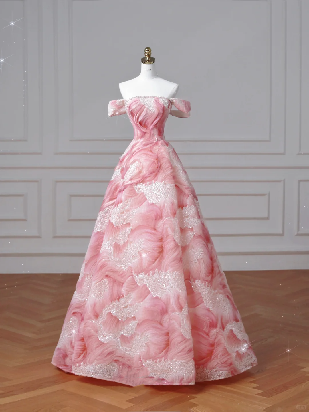 Dream Pink Strapless Satin Print Sequins Prom Dress Princess Birthday Ball Gown Y8604