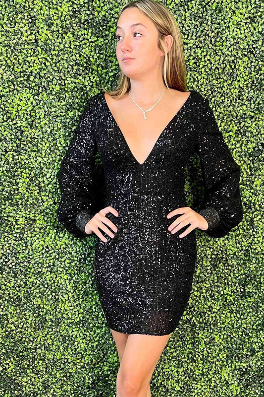 Zuleika | Vestido de fiesta con lentejuelas, mangas largas y escote en V