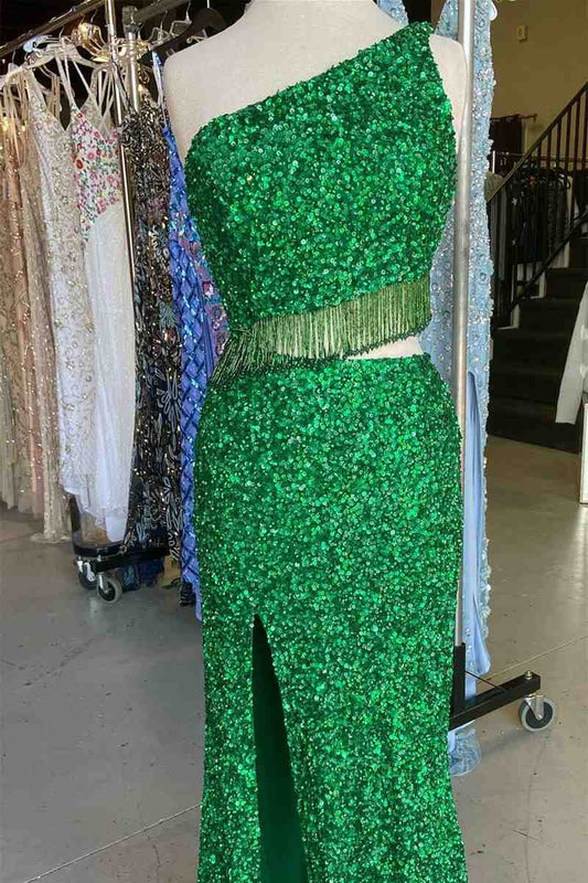 Two Piece Sequined One Shoulder Long Party Dress with Tassel