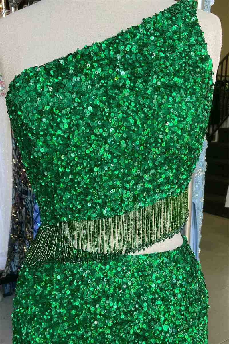 Two Piece Sequined One Shoulder Long Party Dress with Tassel