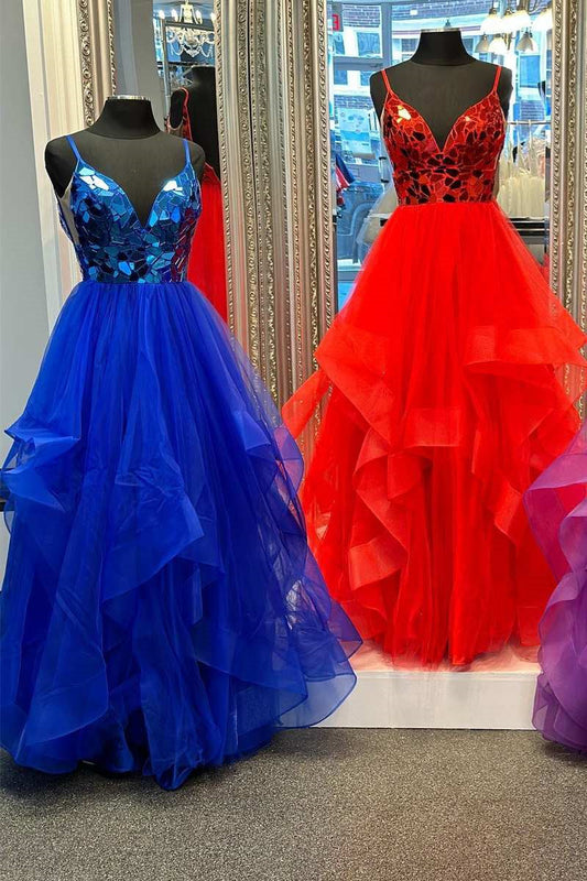 Brandi | A-Linie V-Ausschnitt Spiegelgeschnittene Pailletten Rüschenlagen Langes Ballkleid