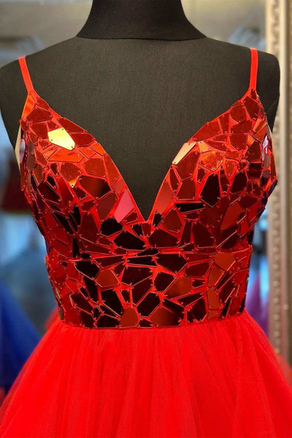 Brandi | A-Linie V-Ausschnitt Spiegelgeschnittene Pailletten Rüschenlagen Langes Ballkleid