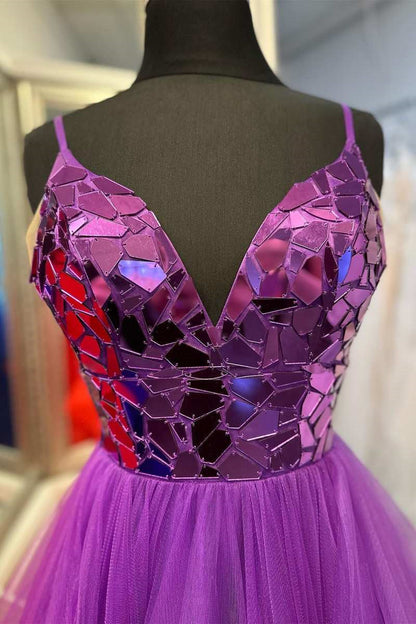 Brandi | A-Linie V-Ausschnitt Spiegelgeschnittene Pailletten Rüschenlagen Langes Ballkleid