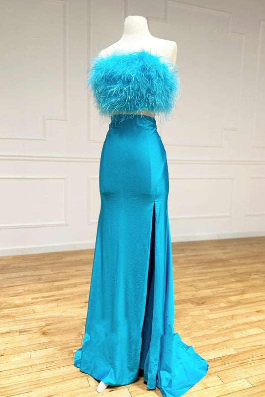 Vicki | Jade Zweiteiliges trägerloses langes Ballkleid aus Satin mit Federn und Schlitz