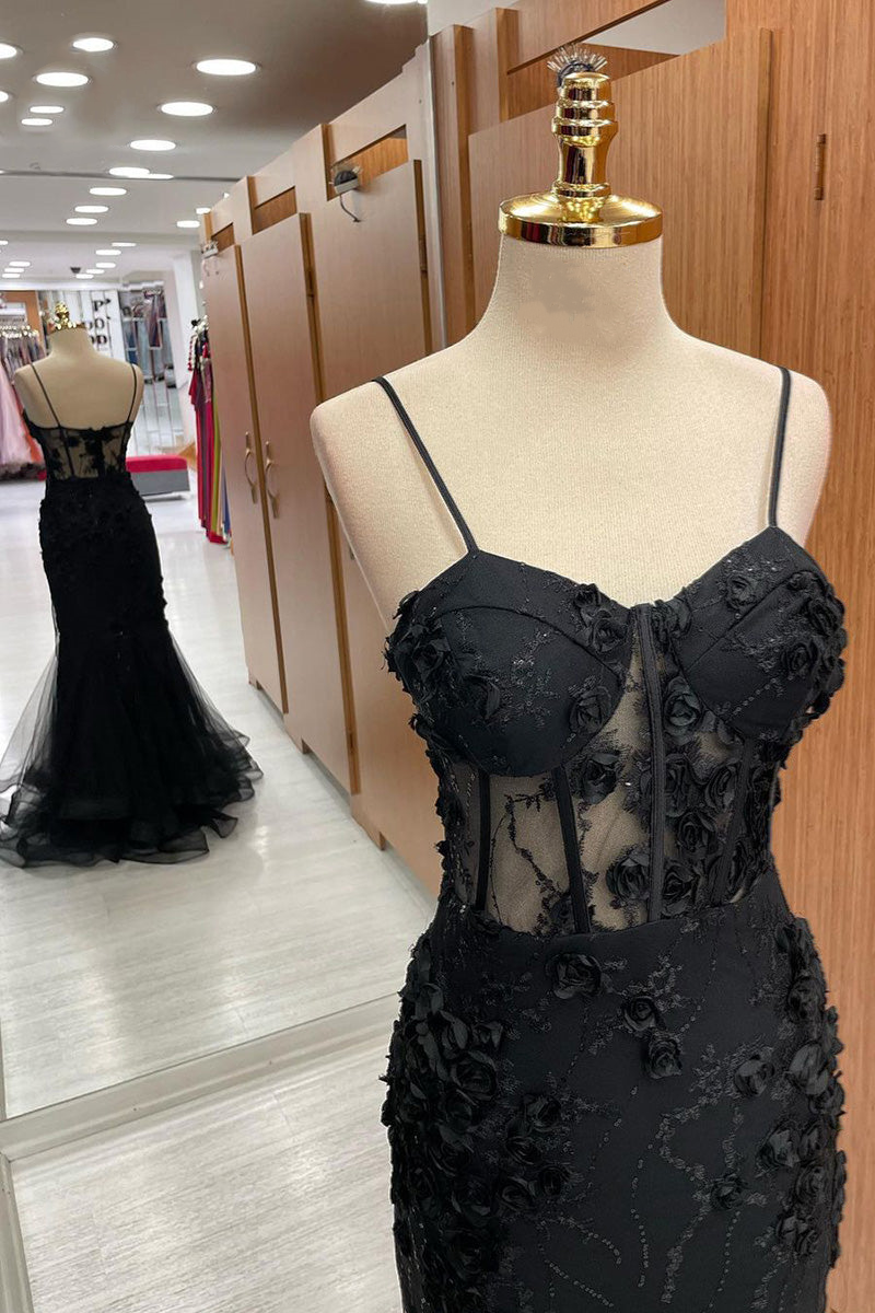 Aubrielle | Schwarzes, langes Ballkleid aus Tüll mit herzförmigen Trägern und Meerjungfrau-Applikationen