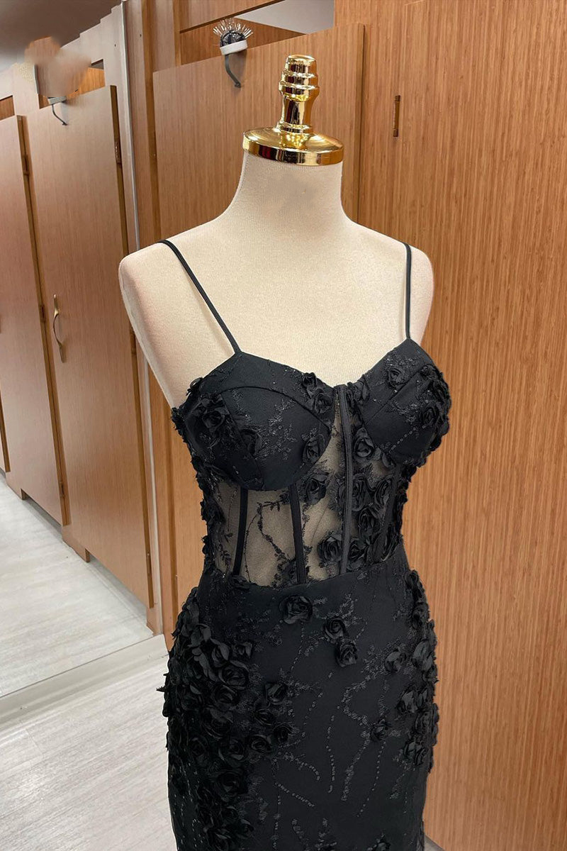 Aubrielle | Schwarzes, langes Ballkleid aus Tüll mit herzförmigen Trägern und Meerjungfrau-Applikationen