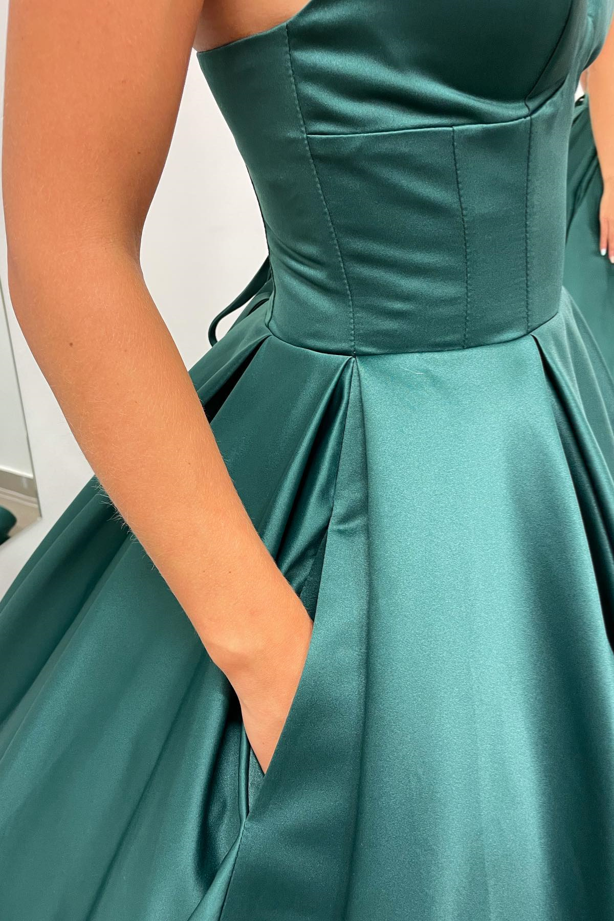 A-line Hunter Green V-Neck Satin Long Prom Dress