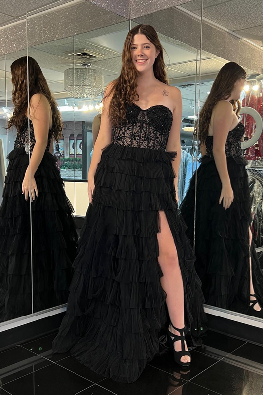 Phelicia | Langes, trägerloses A-Linien-Ballkleid aus Tüll mit Schlitz