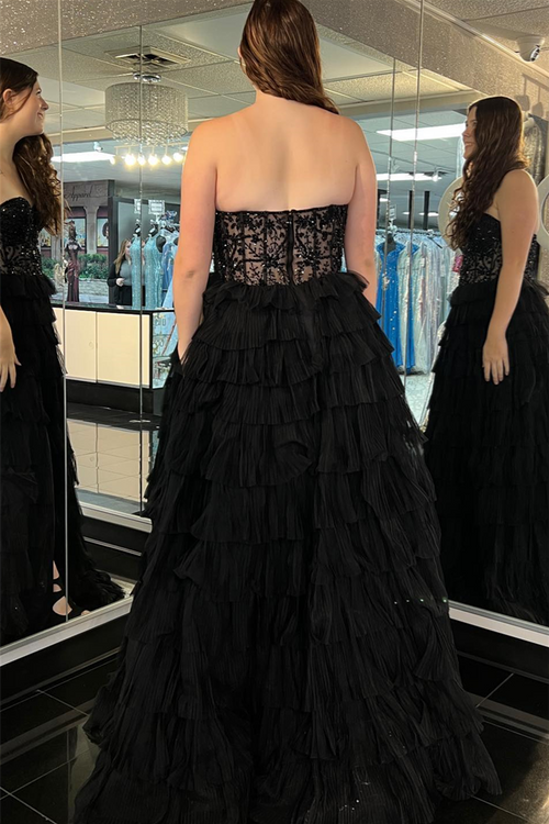 Phelicia | Vestido de fiesta largo de tul sin tirantes, corte A y abertura