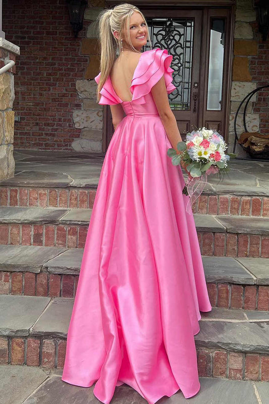 Betsy | Pinkes langes A-Linien-Ballkleid mit V-Ausschnitt und Rüschen