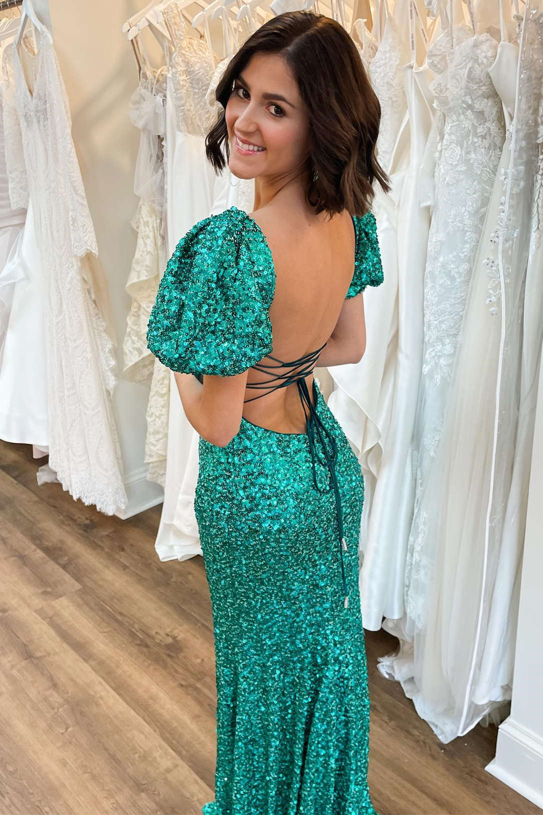 Velma | Smaragdgrünes Meerjungfrau-Ballkleid mit quadratischem Ausschnitt und Pailletten
