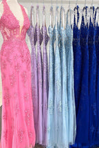 Alia | Vestido de fiesta de tul con encaje y cuello halter con apliques
