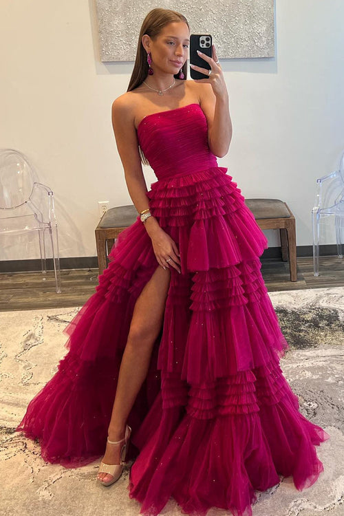 Daniela | Vestido de fiesta largo de tul sin tirantes, corte A y volantes escalonados