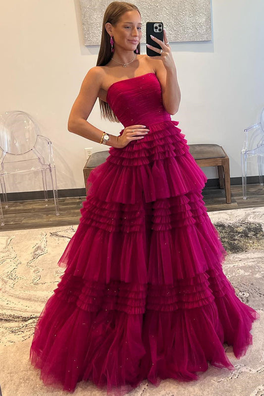 Daniela | Langes, trägerloses A-Linien-Ballkleid aus Tüll mit gestuften Rüschen