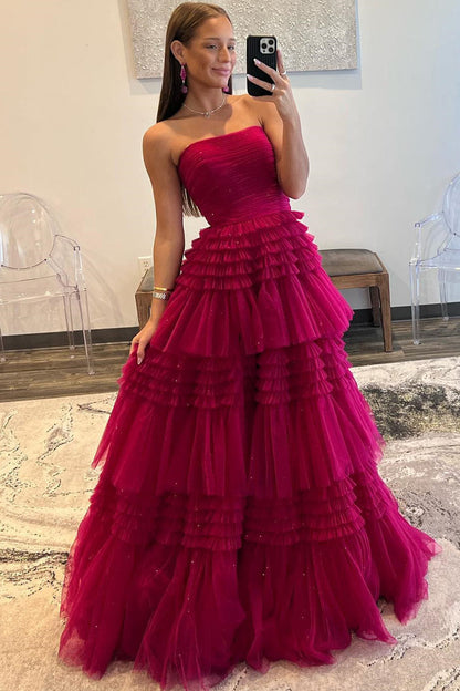 Daniela | Langes, trägerloses A-Linien-Ballkleid aus Tüll mit gestuften Rüschen