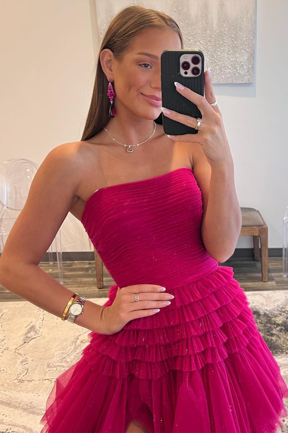 Daniela | Langes, trägerloses A-Linien-Ballkleid aus Tüll mit gestuften Rüschen