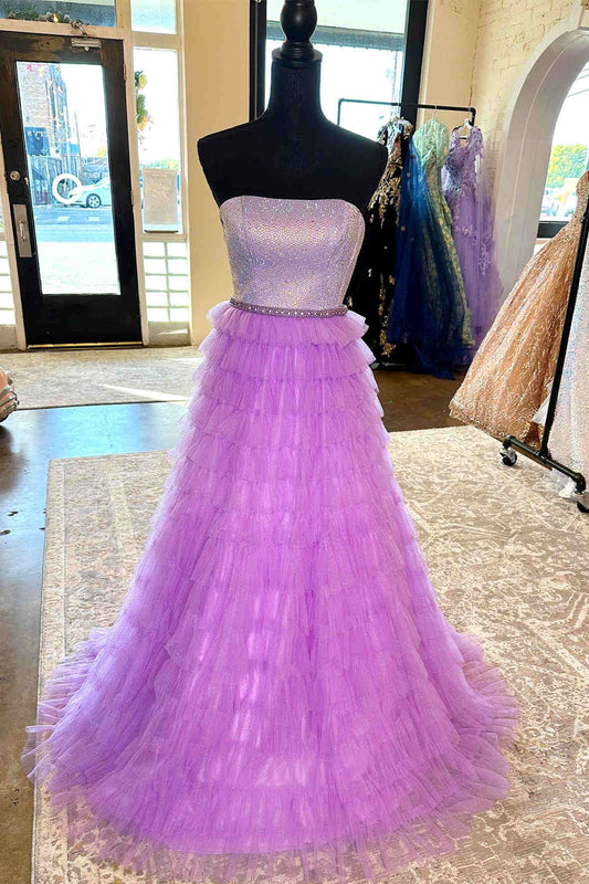 Yvonne | A-Linien-Ballkleid in Lila mit mehreren Lagen und Strasssteinen