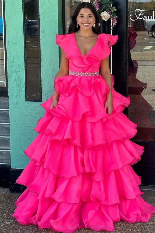Zoey | Hot Pink V-Ausschnitt Rüschen Stufen Langes Ballkleid mit Perlenbesatz an der Taille