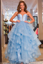Lylah | Vestido de fiesta princesa sin tirantes de satén con tul brillante