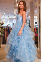 Lylah | Vestido de fiesta princesa sin tirantes de satén con tul brillante