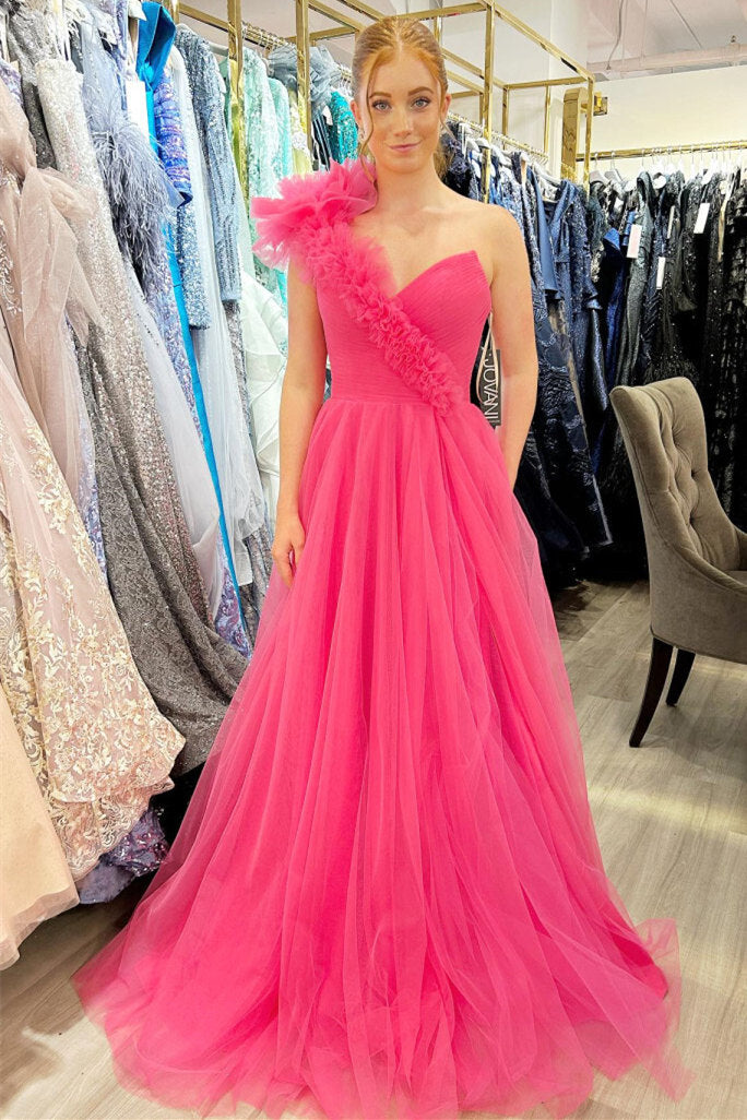 Delaney | A-Linien-Ballkleid aus Tüll mit einer Schulter und Rüschen