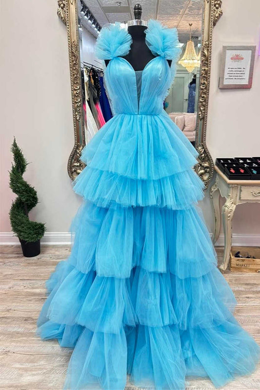 Bernice | Hellblaues A-Linien-Ballkleid mit Rüschenträgern