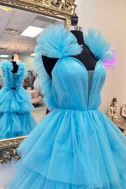 Bernice | Hellblaues A-Linien-Ballkleid mit Rüschenträgern