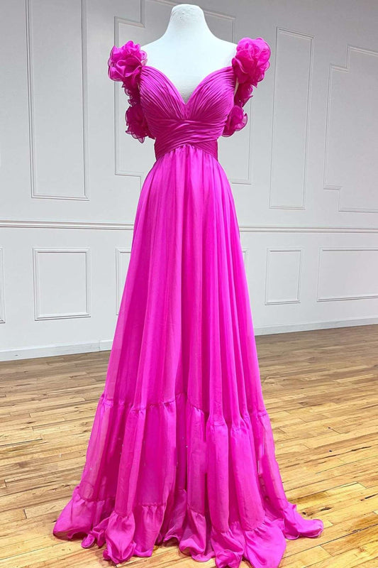 Aadhya | Langes Ballkleid in Fuchsia mit V-Ausschnitt, Rüschen und Plissee