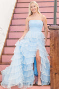 Braelyn | Hellblaues trägerloses Ballkleid aus mehrlagigem Tüll mit Pailletten