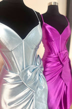 Jianna | Vestido de fiesta de satén estilo sirena con escote en V y tirantes y lazo