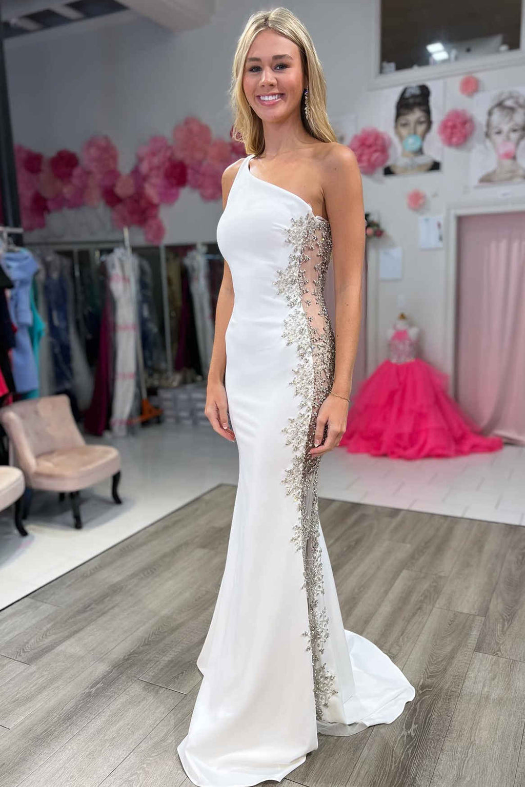 Robin | Meerjungfrau-Kleid, weiß, One-Shoulder, Perlenbesetzt