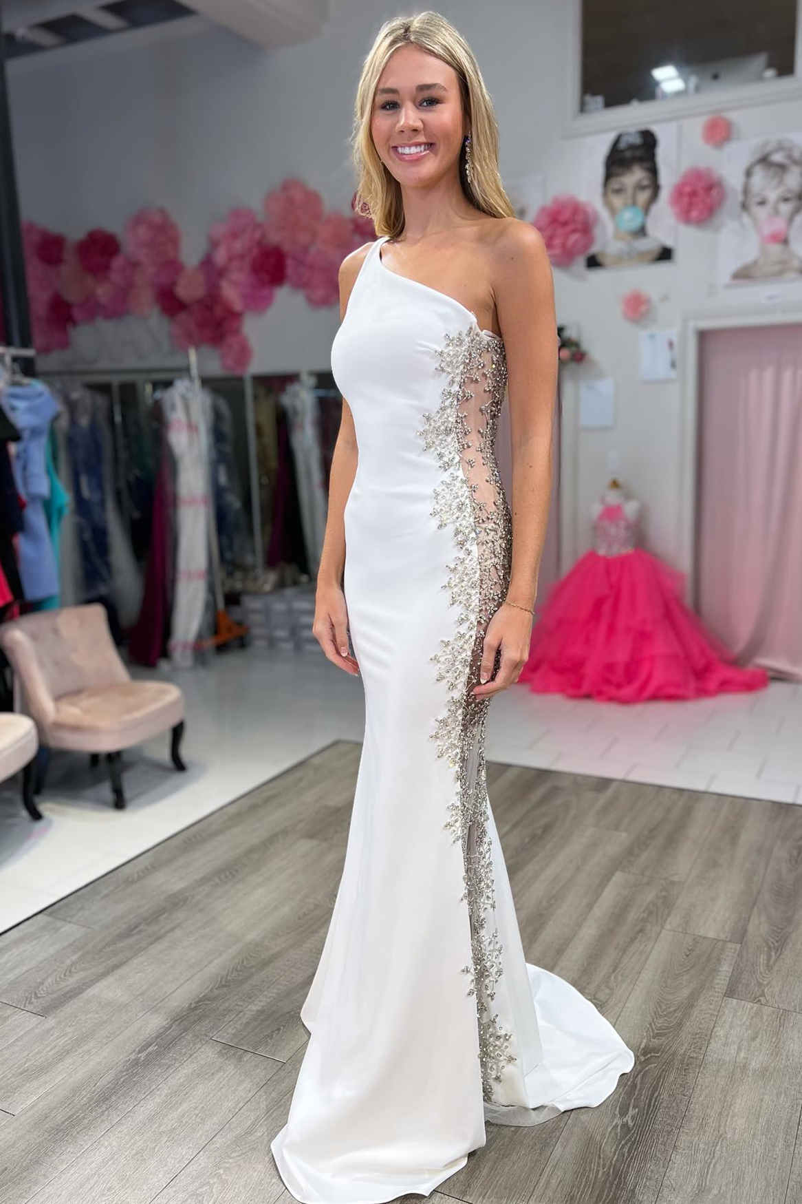 Robin | Meerjungfrau-Kleid, weiß, One-Shoulder, Perlenbesetzt