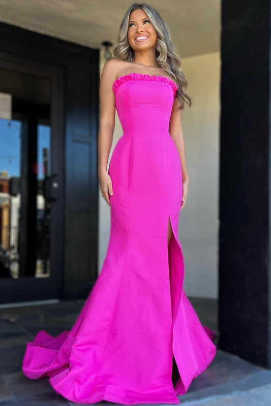 Denver | Trägerloses, langes Ballkleid im Meerjungfrauen-Stil mit Maganta-Rüschen